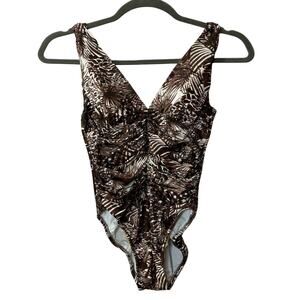 Miraclesuit V-Neck Ruched Stomach One Piece Swimsuit Brown/Cream Women's 10 FLAW